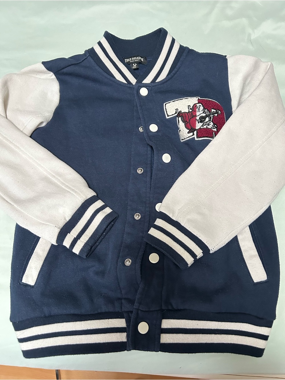 True Religion Navy and White Letterman Jacket with Embroidered Logo
